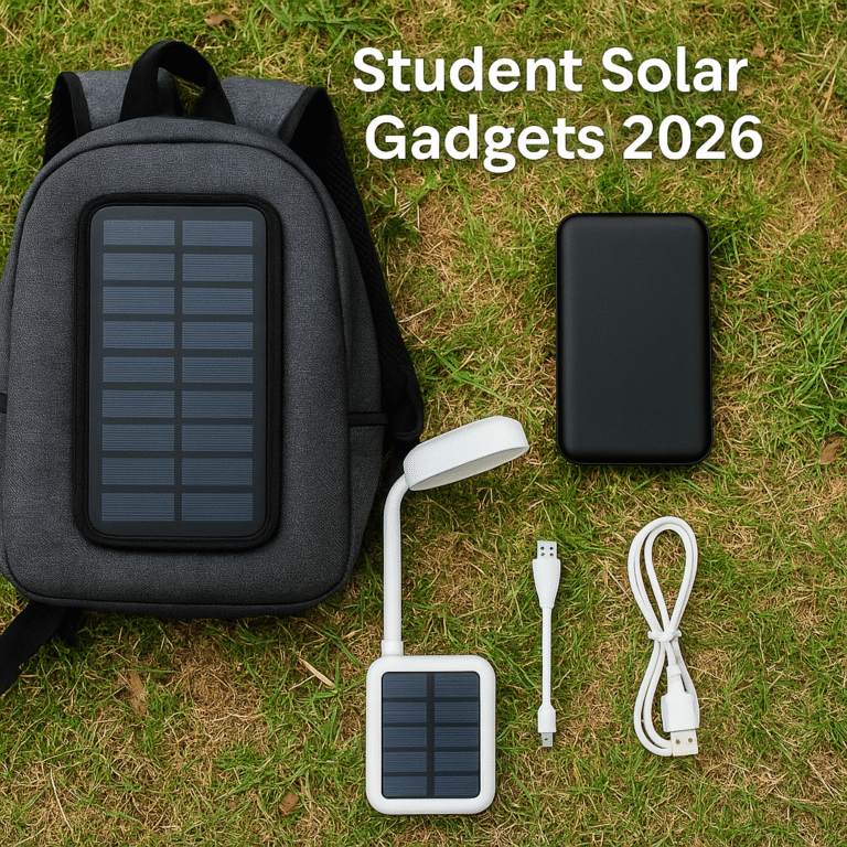 Outdoor student solar backpack with power bank, lamp, and cables on grass – 2026 solar gadgets.”